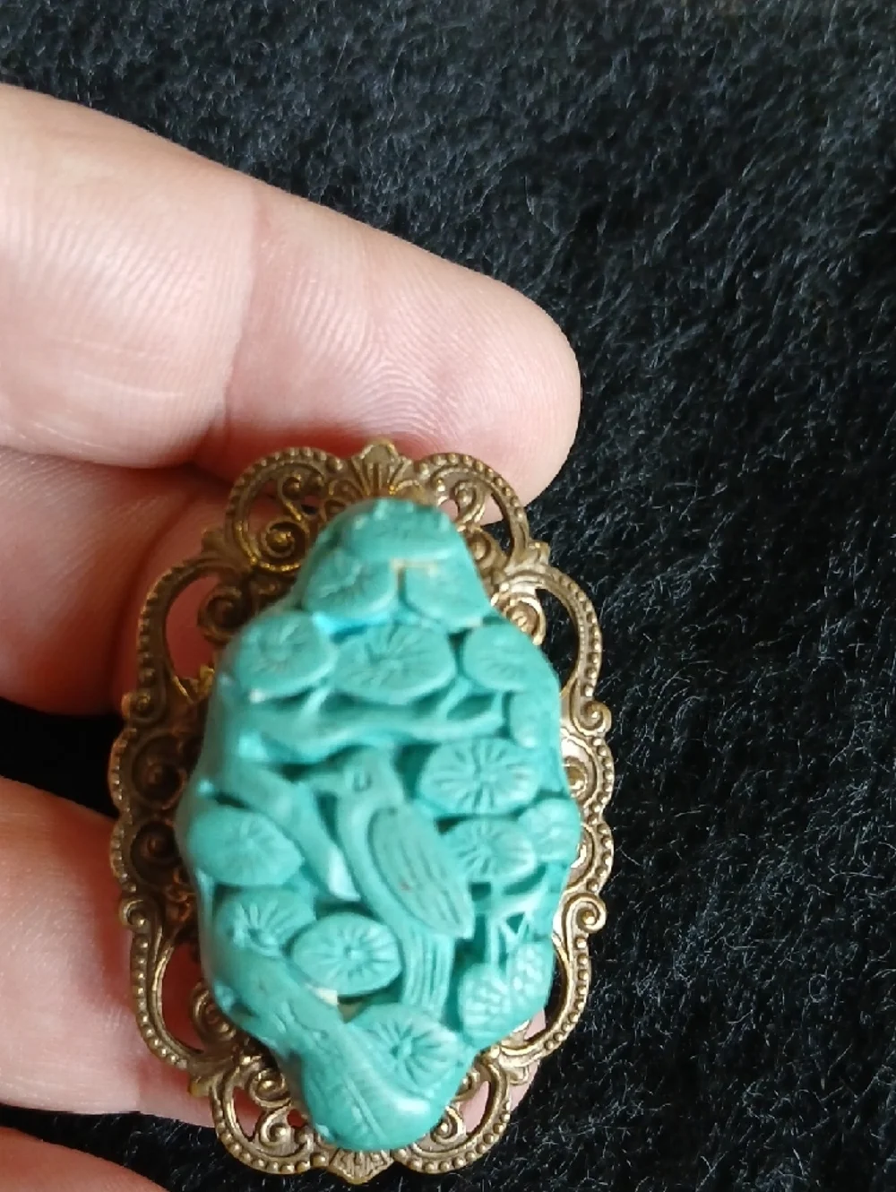 Jan Michaels Of San Francisco‎ Faux Turquoise Carved Bird Cameo Lace Bronze Ring